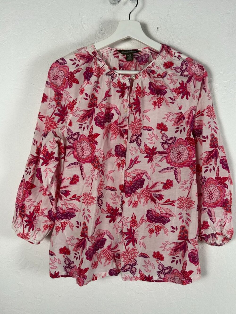Tommy Bahama Women Pink Floral Long Sleeve Button Down Blouse Medium Cotton Silk